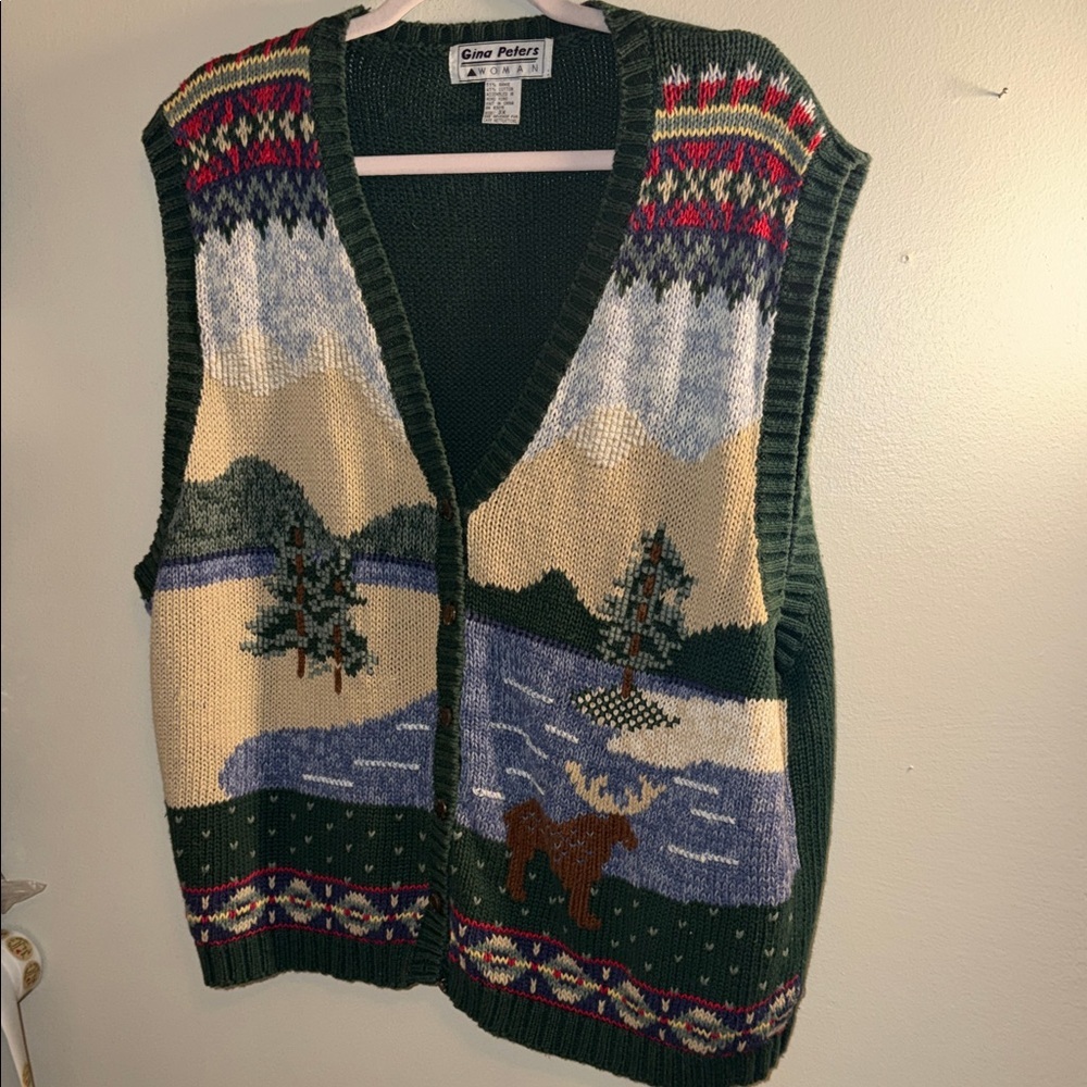 Vintage Green Scenic Button Front Knit Vest - Moose Lake Motif